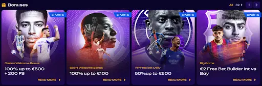 Bonuses section showing four sports promo cards on a purple interface, including Casino Welcome Bonus 100% up to €500 + 200 FS, Sport Welcome Bonus 100% up to €100, VIP Free bet Daily 50% up to €500, and Big Game €2 Free Bet Builder Int vs Bay, each with a Read More link
