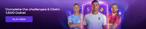Promo banner saying “Complete the challenges & Claim 1,500 Coins” with a “Play Now” button and three football players in front of glowing card graphics on a purple background