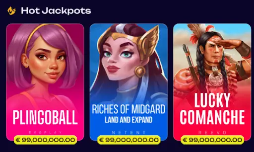 Hot Jackpots section showing featured slot tiles for Plingoball, Riches of Midgard Land and Expand, and Lucky Comanche, each displaying a €99,000,000.00 jackpot amount