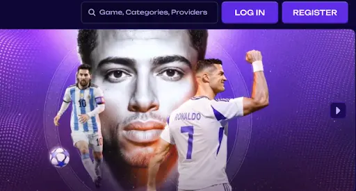 Main sports betting banner with football players on a purple background featuring a dynamic match atmosphere and promotional highlights