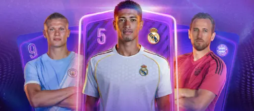 Close-up promo image showing three football players standing in front of glowing card-style graphics on a purple background