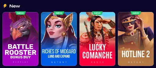 New slots row showing game thumbnails marked NEW, including Battle Rooster Bonus Buy, Riches of Midgard Land and Expand, Lucky Comanche, and Hotline 2