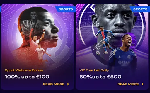 Combined sports promotions image featuring football players on a purple background with a sport welcome bonus of 100 percent up to €100 and a VIP free bet daily offer of 50 percent up to €500
