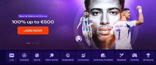 Sports welcome bonus banner with football players on a purple background showing a 100 percent bonus up to €500 and a Join Now button